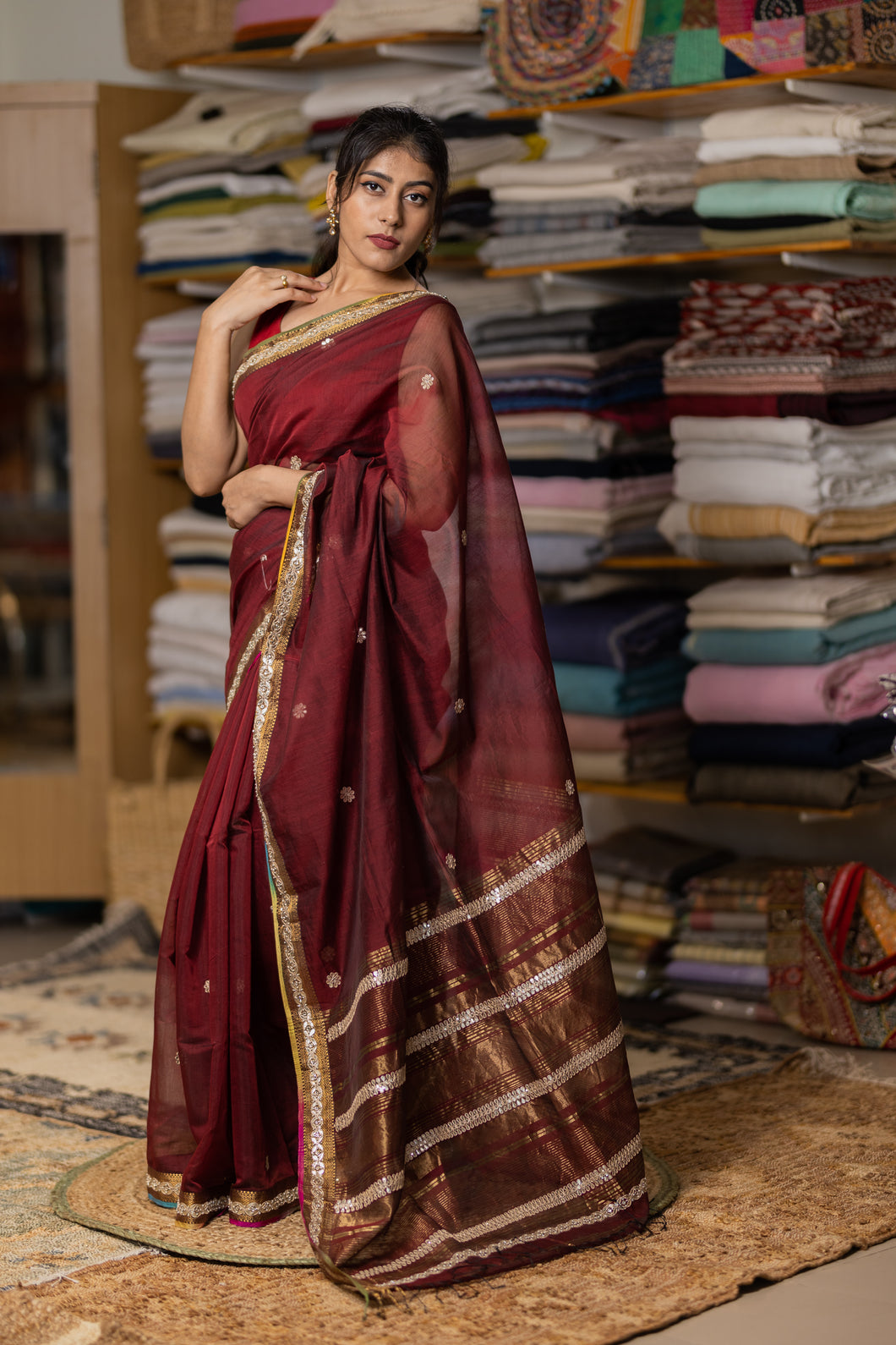 RIYASAT HAND EMBROIDERY COTTON ACR MAROON SAREE