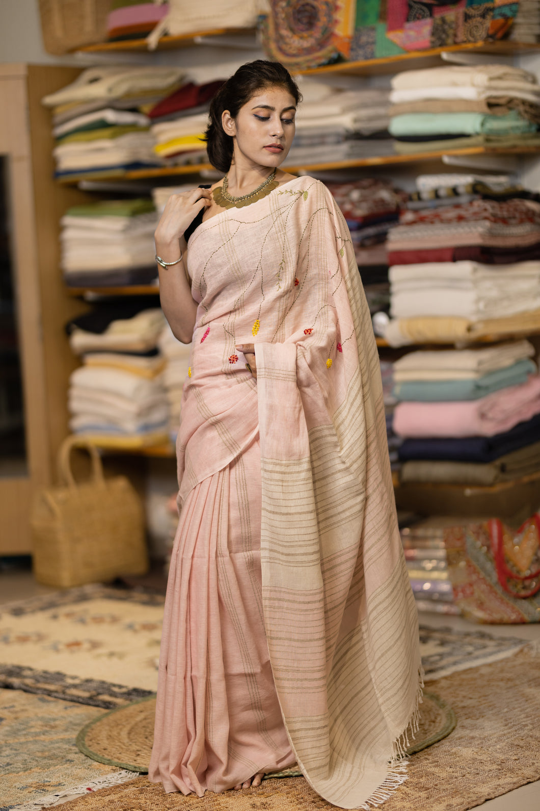 SWATI LINEN BABY PINK HAND EMBROIDERY SAREE