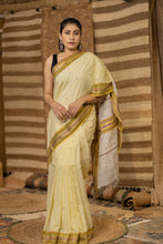 Load image into Gallery viewer, TRAPI MAHESHWARI COTTON PALE YELLOW BOOTI SAREE
