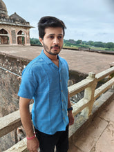 Load image into Gallery viewer, COTTON KHADI TEXTURED PLACID BLUE POLO HALF SHIRT
