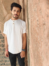 Load image into Gallery viewer, KHADI SELF TEXTURE WHITE HALF T-SHIRT
