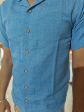 Load image into Gallery viewer, COTTON KHADI TEXTURED PLACID BLUE POLO HALF SHIRT
